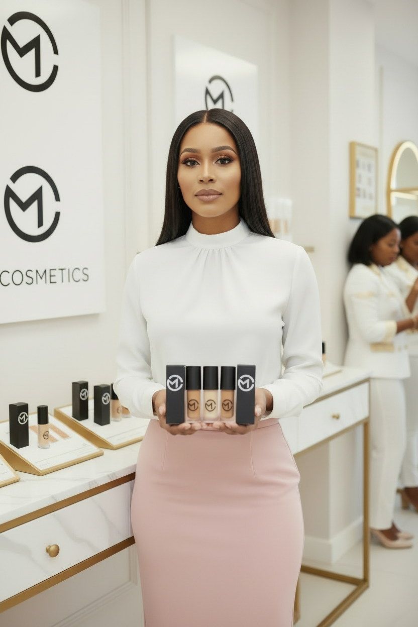 Dona com HD Concealers, caixas e logotipo M.cosmetics