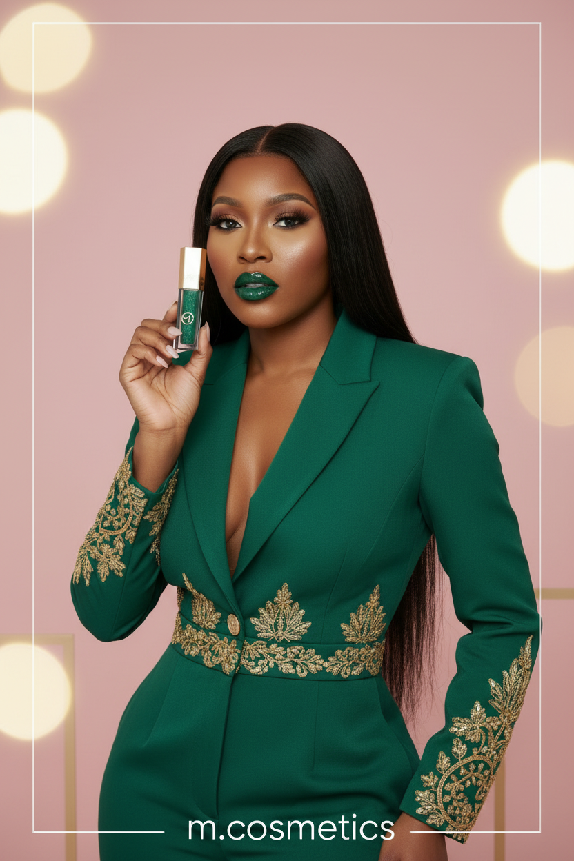 Dona da loja com batom verde-escuro