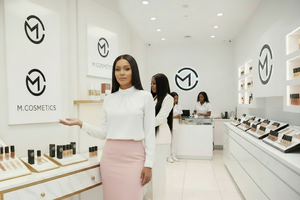 Dona de saia rosa na loja branca M.cosmetics