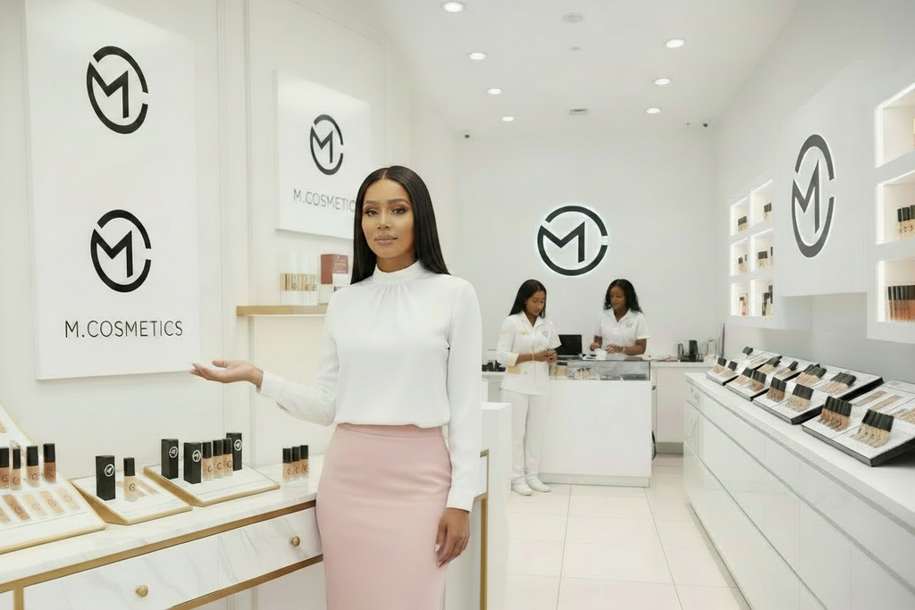 Dona de saia rosa na loja M.cosmetics