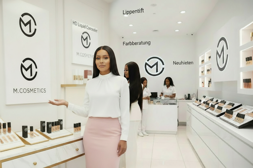 Dona de saia rosa numa loja M.cosmetics com letreiros em alemão