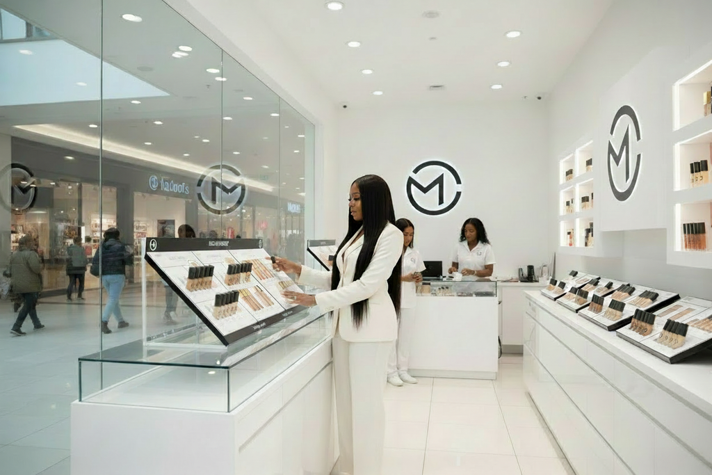 Dona na loja branca com o logotipo original nas paredes
