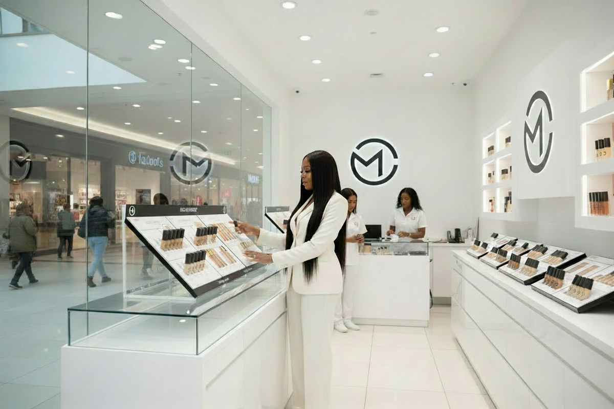 Dona na loja branca com o logotipo original nas paredes