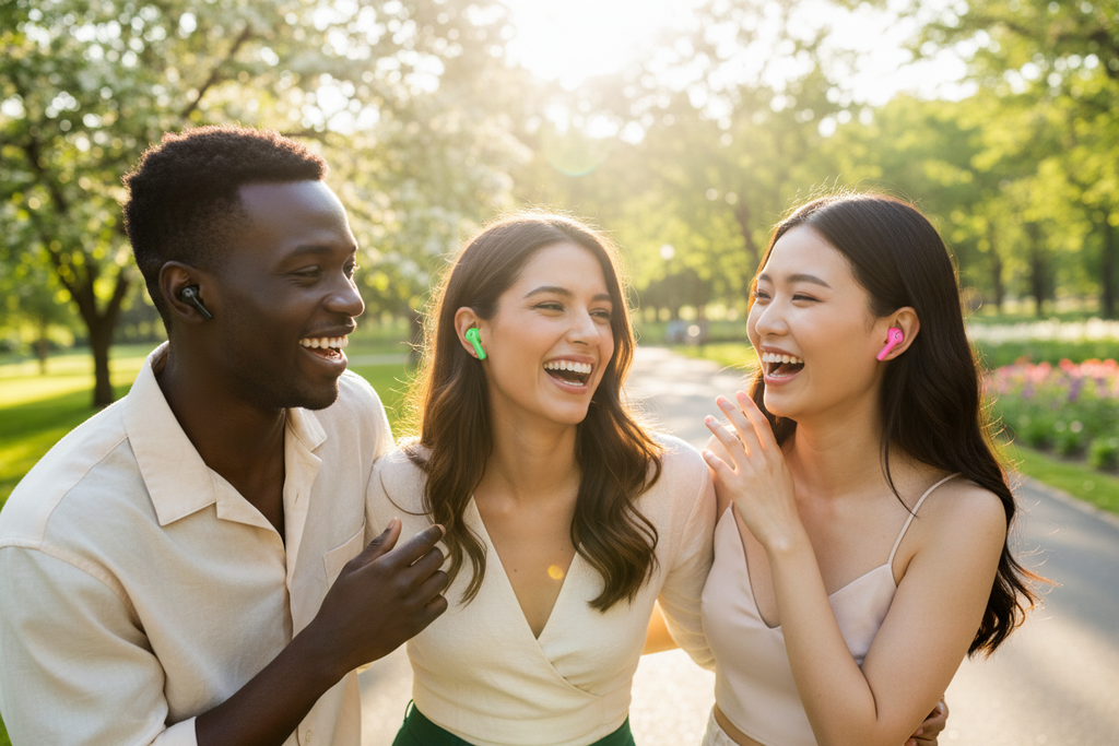 Grupo com auriculares coloridos