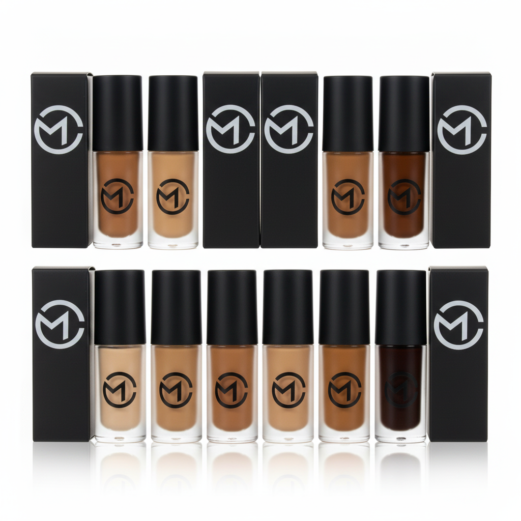HD Liquid Concealer M.cosmetics com frascos e caixas em fundo branco