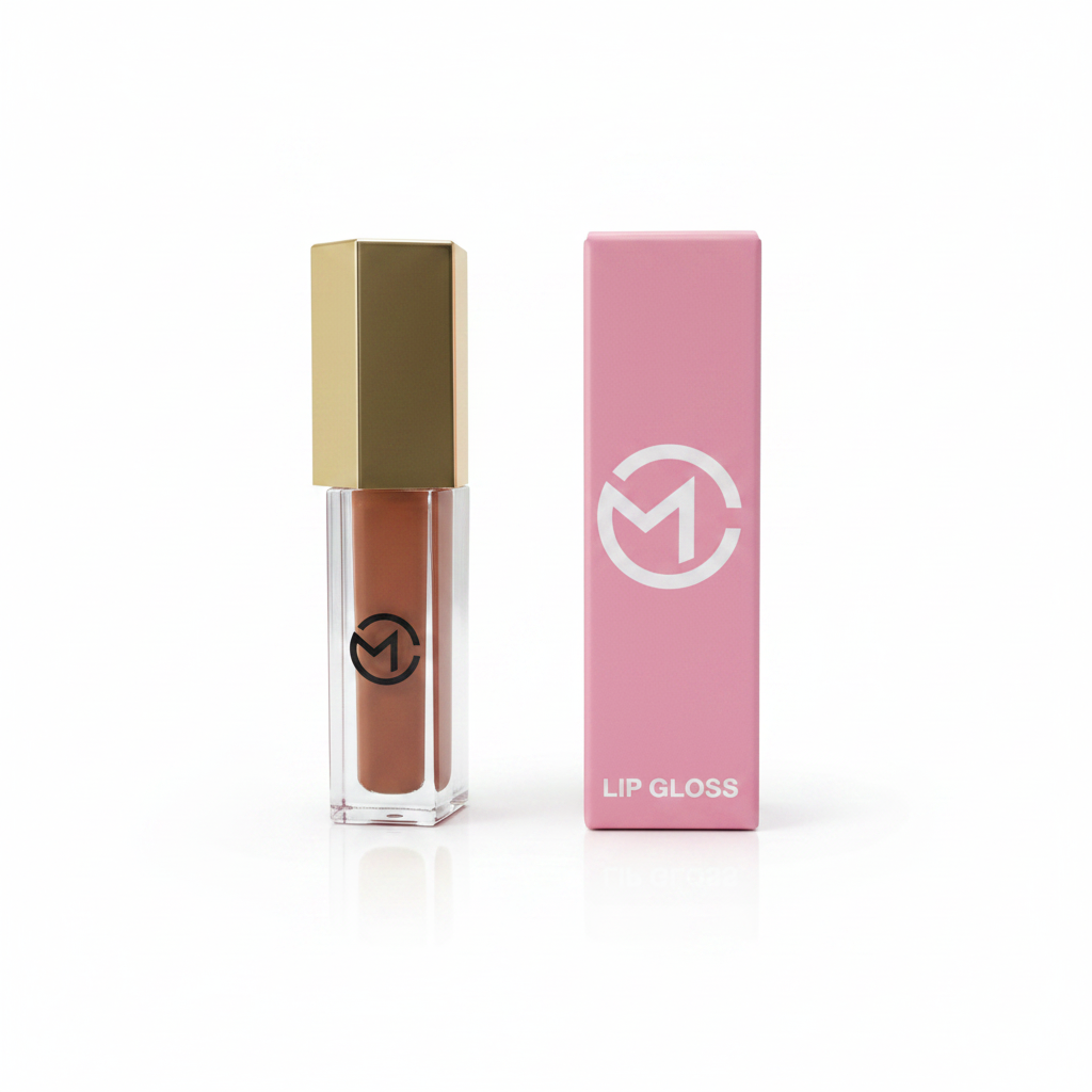 Lip Gloss nude castanho com embalagem rosa
