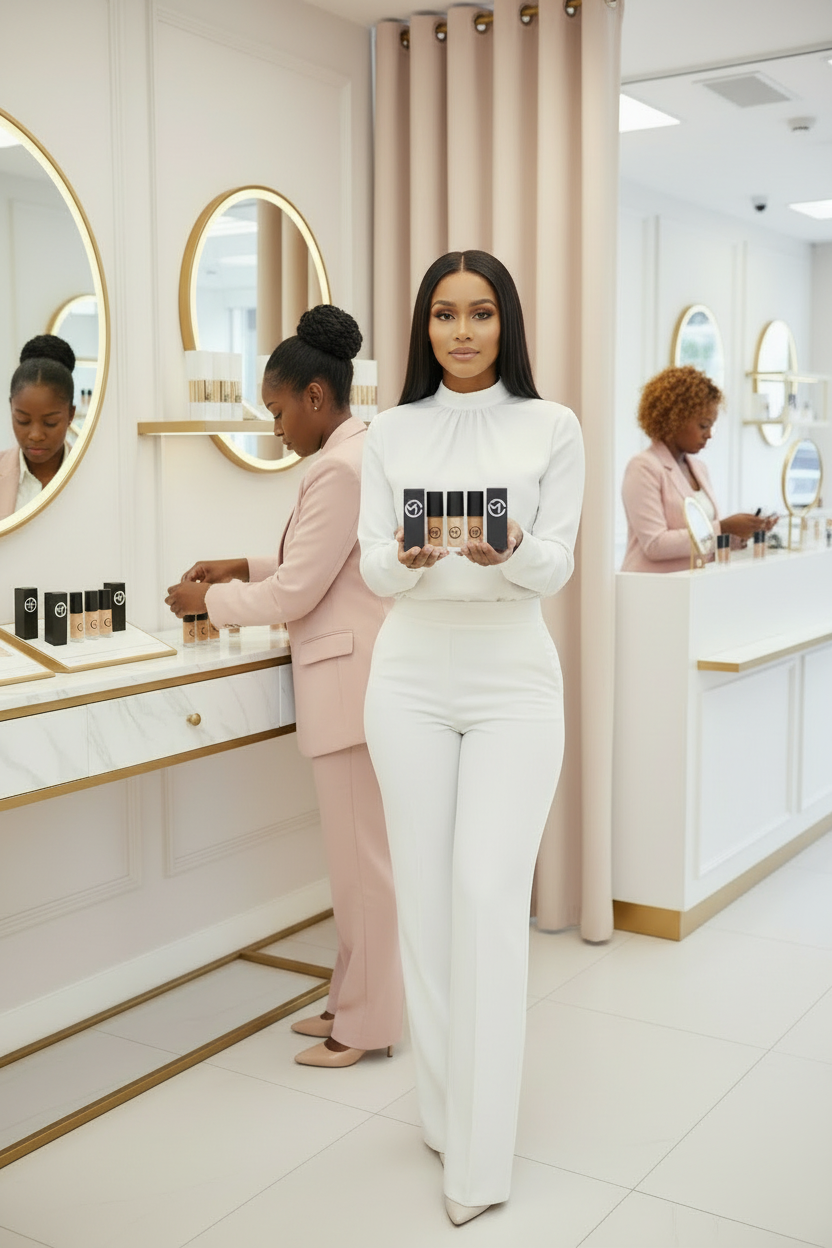Loja M.cosmetics com dona, funcionários e HD Concealers