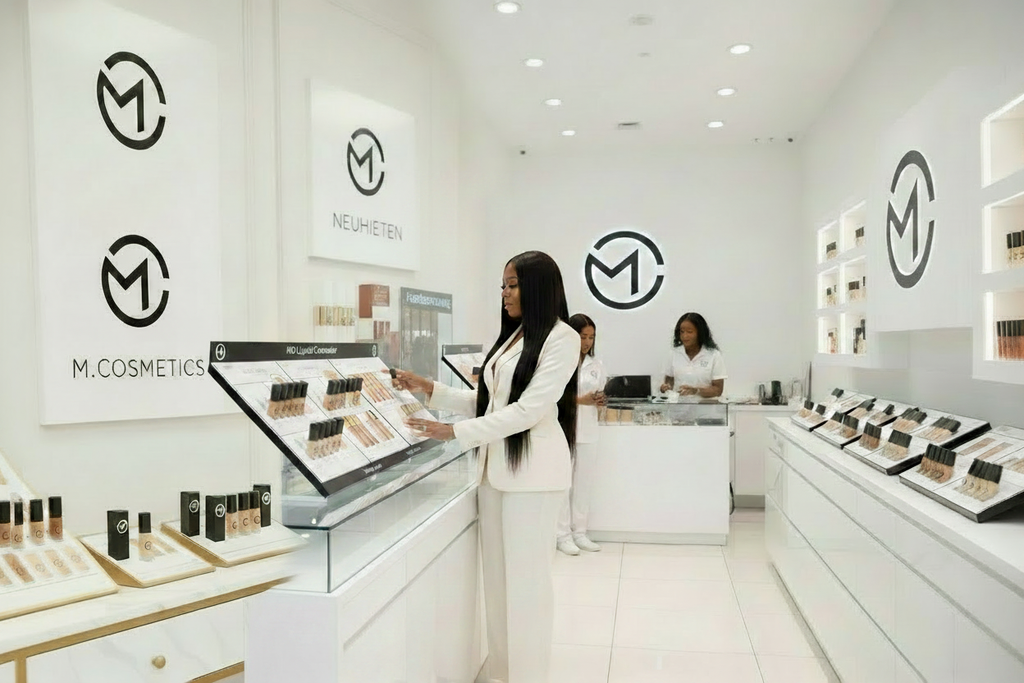 Loja M.cosmetics com letreiros em alemão