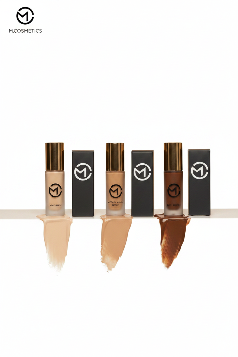 Marketing com mulher e três concealers em fundo branco