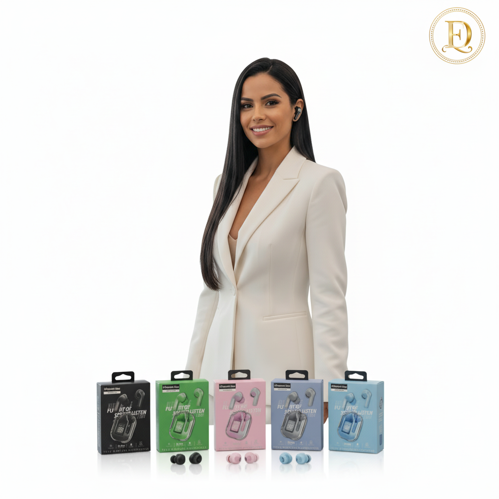 Marketing dos escutadores com a dona da loja e fundo branco
