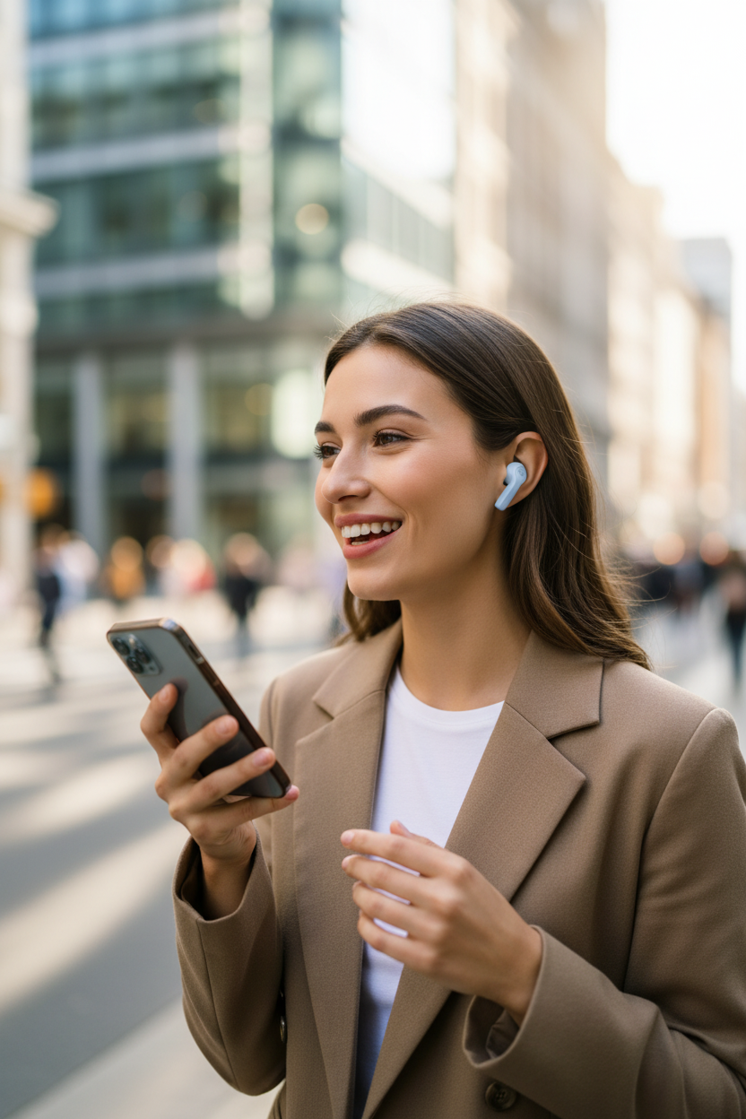 Mulher ao telefone com auriculares