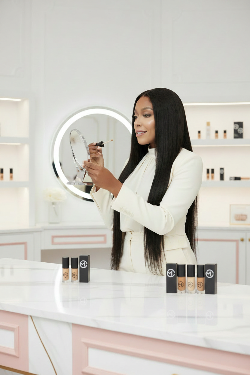 Mulher elegante a aplicar HD Concealer M.cosmetics