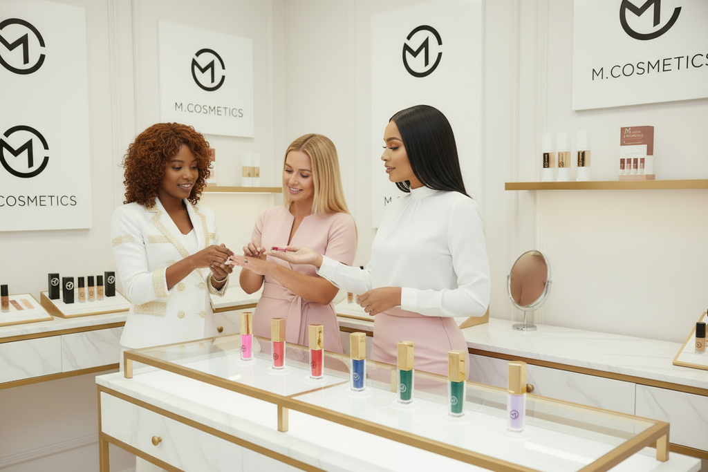 Mulheres a apresentar Lippenstift M.cosmetics em várias cores