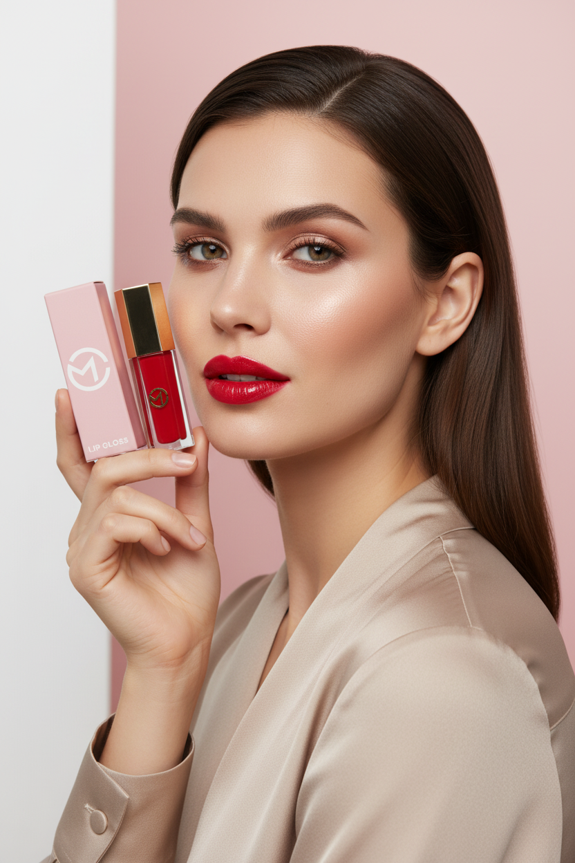 Publicidade M.cosmetics com modelo profissional