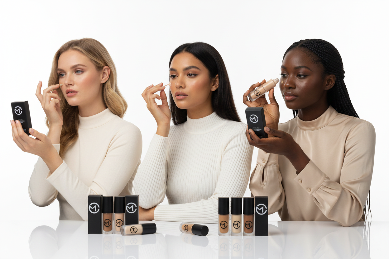 Três mulheres a aplicar HD Concealer M.cosmetics em vários tons