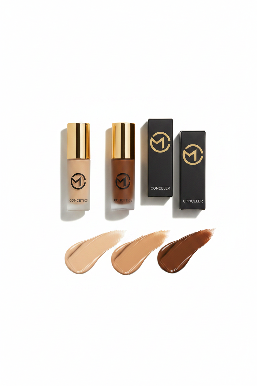 Três tons de concealer M.cosmetics em fundo branco